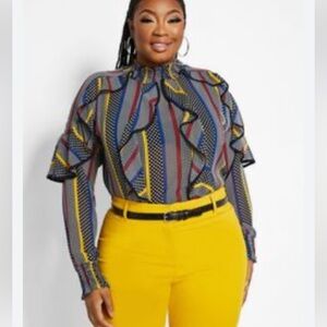 Striped Polka Dot Ruffle Blouse - Navy, Yellow & Red